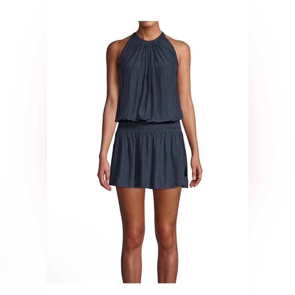 Ramy Brook Shelly gathered drop waist dress in navy blue polyeste. Size S